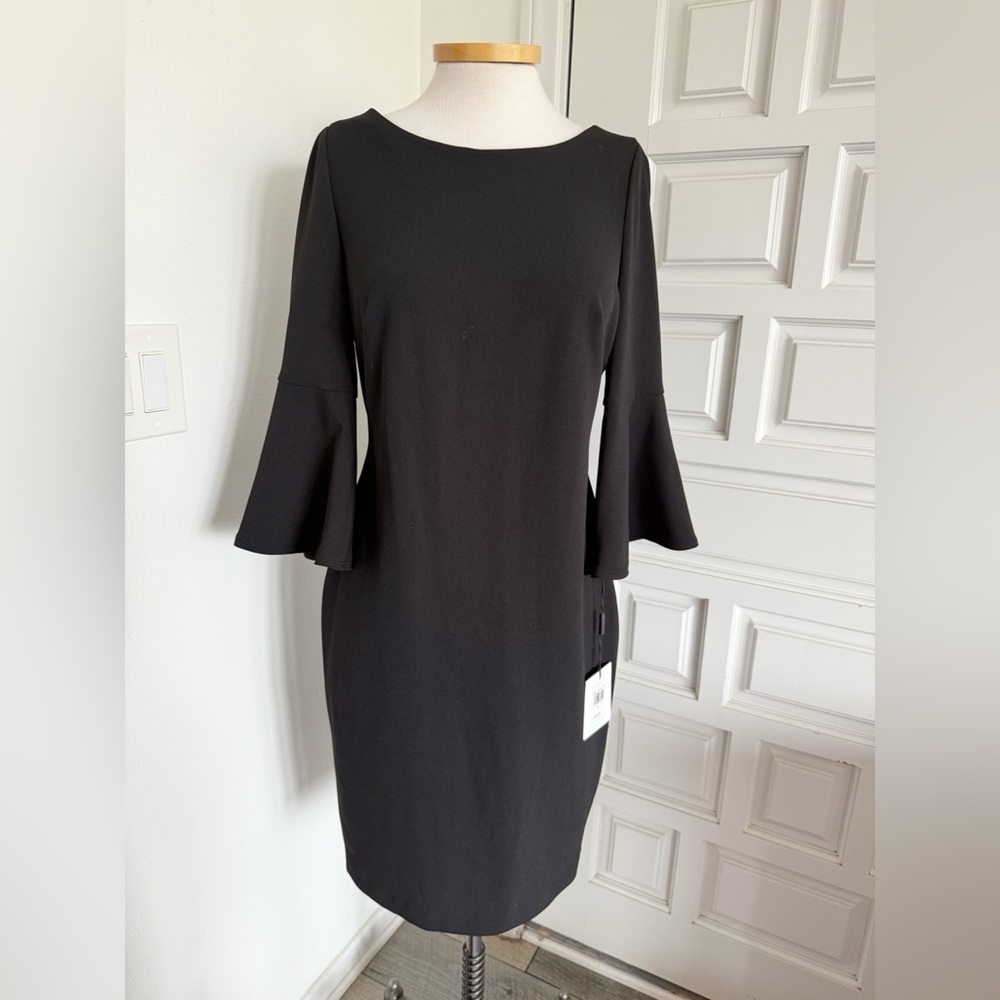 NWT Calvin Klein Black Dress Classic Fitted Sheath Bell Sleeves Size 8
